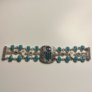 Leather, silver and turquoise hamsa bracelet
